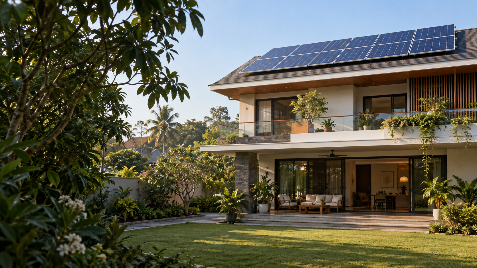 Residential home with rooftop solar panels in morning sunlight